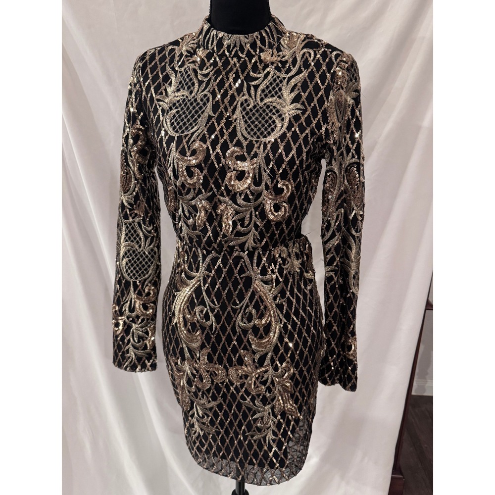 L'atiste Gold Sequin Embroidered Open Back Mini Dress Black Long Sleeve Medium